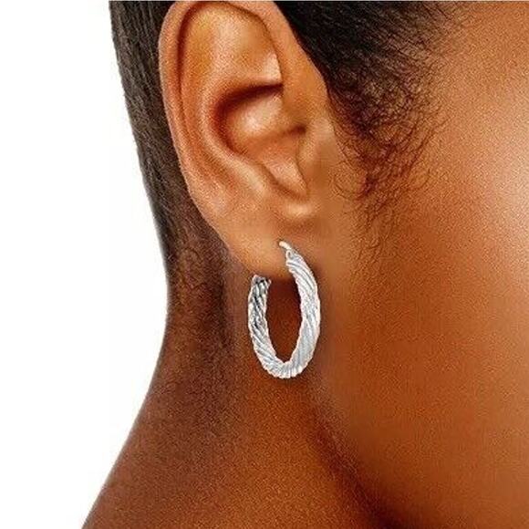 Sterling Silver Textured Rope Hoop Earrings Style Women's Fashion Chic Trendy - Picture 3 of 10